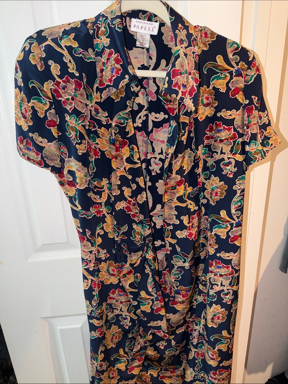 Adrianna Papell Navy Floral Midi Dress with Red & Gold Accents 💯 Silk Vintage